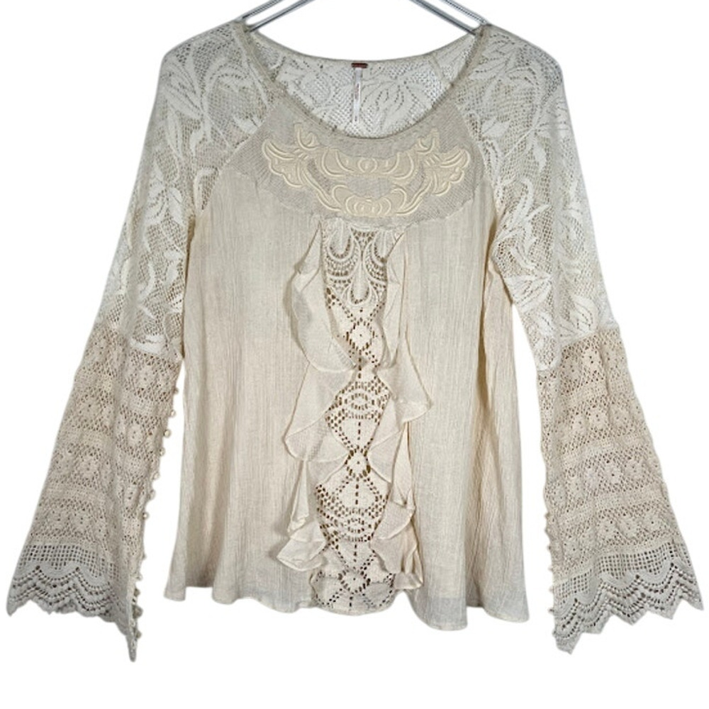 Free People Women’s Cream Boho Blouse Lace Long Bell Sleeve Top M Festival